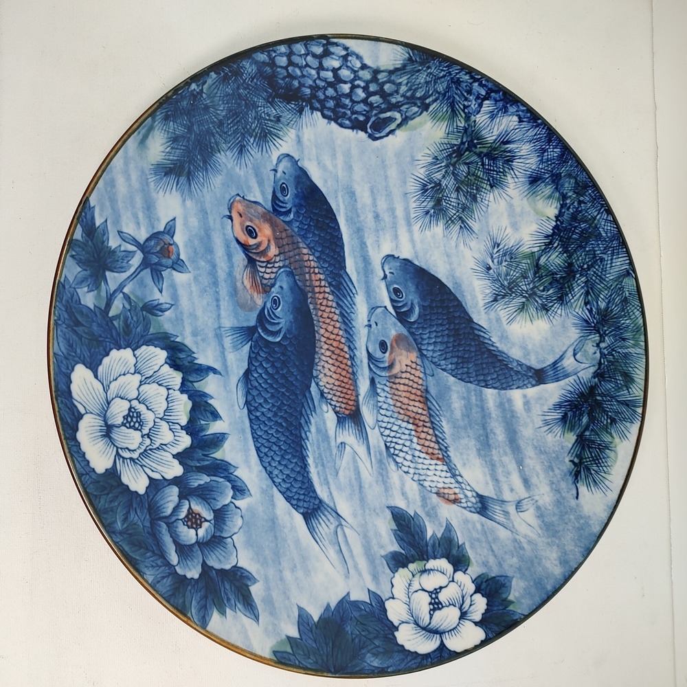 Vintage JAPANESE ART Chop PLATE Koi Fish BLUE JAPAN Art‎ Deco 12.25"